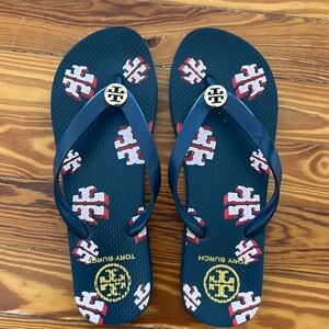 Tory Burch Black Flip Flops with Red Logo